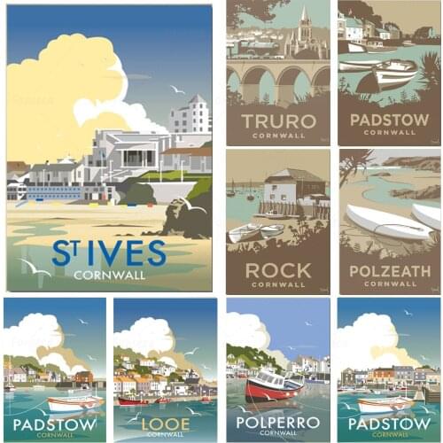 Retro Travel To United Kingdom Cornwall Canvas Painting Houseboat Lake Pictures Modular Posters Aesthetic Home Decoration Gift