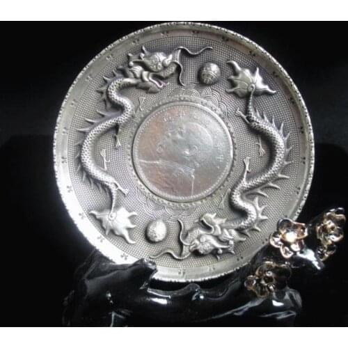 Elaborate Chinese Collectible Decorate Old Tibetan Silver Double Dragons Auspicious Plate