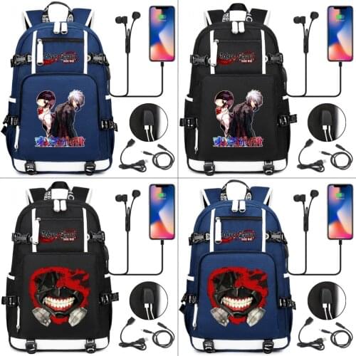 Student Backpack Tokyo Ghoul USB Charging Headphone Teenager Rucksack Canvas Cartoon Schoolbag Travel Laptop Bag
