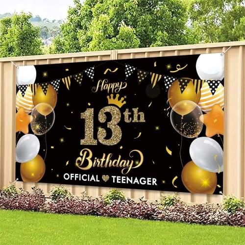 Party Decorations 13th Birthday Backdrop Banner Official Teenager Gold Happy Supplies Photo Booth For Kids Indoor Outdoor