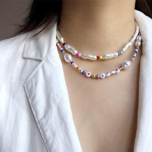 Bohemian Pearl Choker Necklace Women Colorful Beads Letter Necklace Neck Chains Choker Collar Fashion Summer Beach Boho Jewelry
