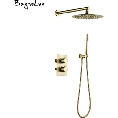 Bathroom Faucet Solid Brass Brushed Gold Shower Kit Diverter Thermostatic Control Mixing Valve Rain shwoer Sets 8/10/12 Inch