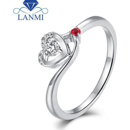 LANMI Heart Shape Jewelry Solid 18Kt White Gold Bling 0.1ct Diamond Wedding Promised Ring with Ruby for Women Loving Gift
