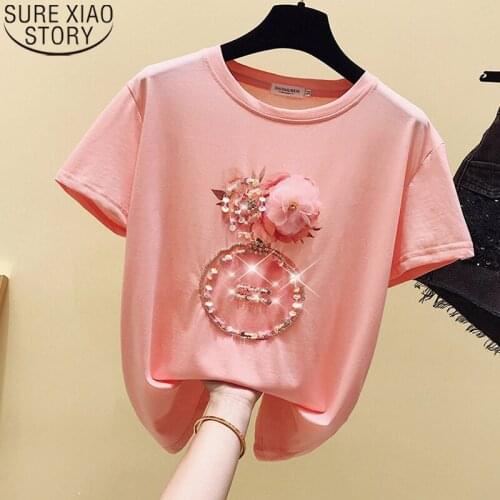 Cotton Women T Shirt 2020 Summer Short Sleeve Fashion Korean Clothes Beaded T-shirts Shirts Women Ladies Top Tees Tshirt 9443