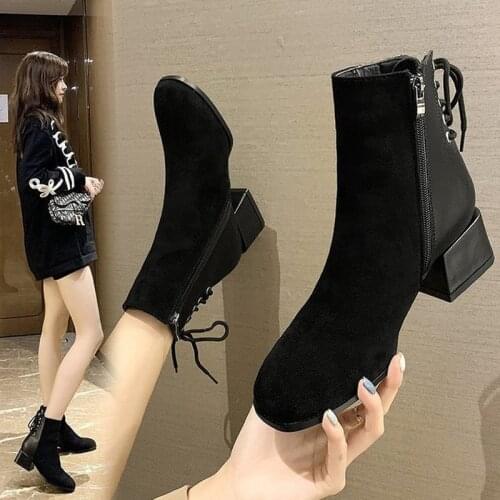 2021 new Womens Ankle Boots,Black Thick-heel Motorcycle Boots,Increased Flat Shoes,Heel Height 4cm,Size 35-40 Suede