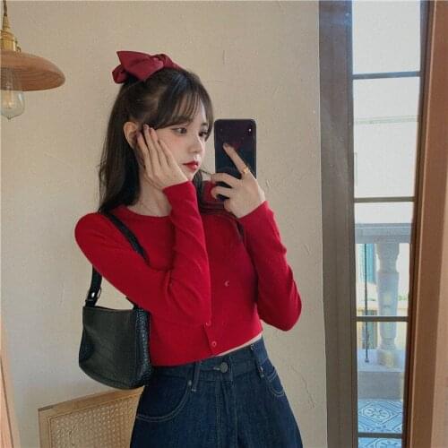 Woman TShirts Crop Top Autumn Winter Red Small Shirt Top Cardigan Long Sleeve T-shirt Womens Clothing Mujer Camisetas