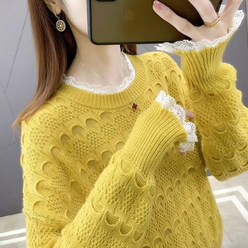 Spring Autumn 2021 New Spring Autumn Lace Stitching Short Sweater Women Loose Women Knit Sweater for Outer Wear Women