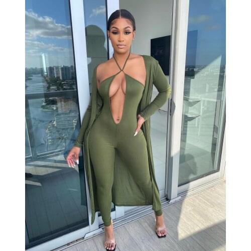 Sexy Deep V Neck Hollow Out Halter Jumpsuit Women + Long Coat Two Piece Set Casual Backless Pencil Pants Slim Romper Jumpsuit