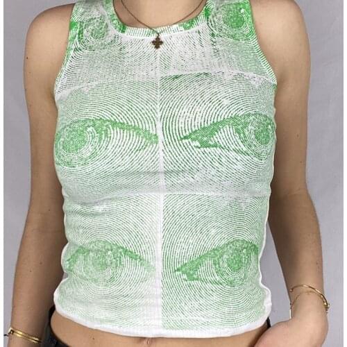 Women Eyes Pattern Printing Slim Vest Tops Summer Casual Ladies Round Collar Sleeveless Camisole Tops