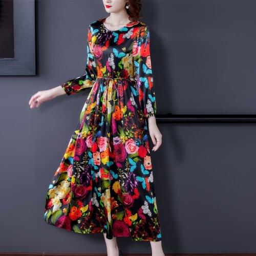2021 Spring Vintage Loose 4XL Plus Size Midi Women Dress Boho Floral Mulberry Silk Long Sleeve Maxi Dress Elegant Party Vestidos