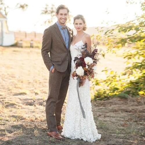 Winter Khaki Tweed Suits Vintage Men Suits for Wedding 2 Pieces Formal Groom Tuxedos Handsome Male Blazers Slim Fit Jacket