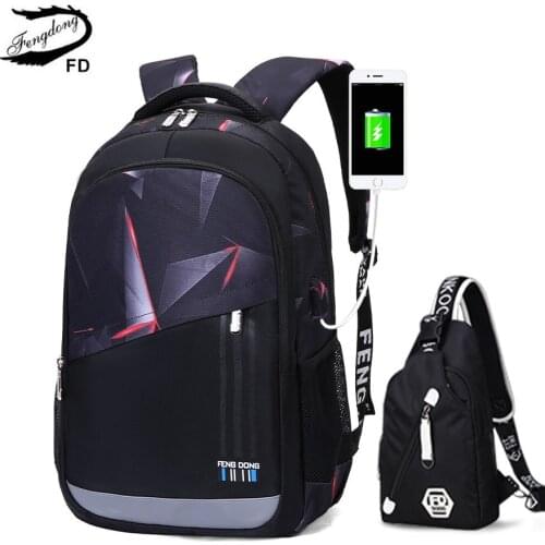 OKKID 2pcs/set teenage boys school backpack usb port backpack set male cross body chest bag student boy book bag large schoolbag
