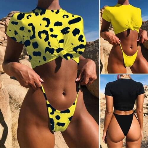 2020 FWMS Leopard Bikini Set for Women Patchwork Swimwear Low Waist Push Up Swimming Suit Thong Boho Short Sleeve Beachwear