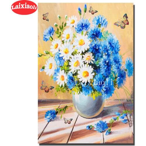 Diamond painting blue white little daisy diamond embroidery full square/round drill puzzles mosaic painting vase of still life