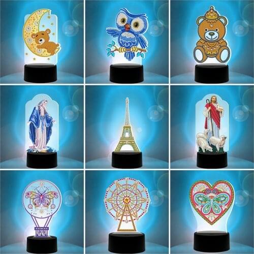 HUACAN LED Lamp Diamond Painting 5D Diamond Embroidery Light Colorful Seven Mosaic Religion Home Decor