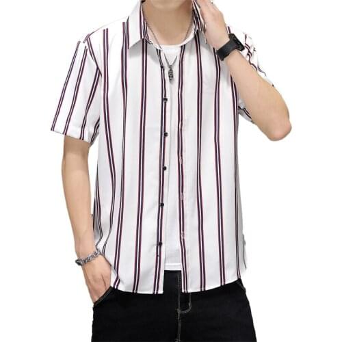 Summer Men Striped Shirt Casual Lapel Neck Short Sleeve Button Shirt Chic Loose Streetwear Vacation Blouse Chemise 2021 Top Tees