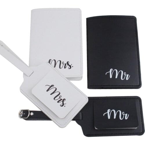 M68C 4Pcs PU Leather Mr Mrs Luggage Tags Passport Covers Protector Organizer for Couples Travel Honeymoon Wedding Bridal Shower