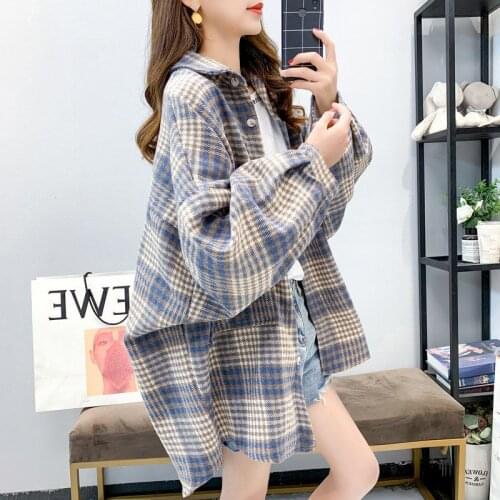2021 Spring Autumn New Womens Shirt Loose Plaid Button Jacket Korean Blouses Tops Design Sense Long-sleeved Fashion Clothing