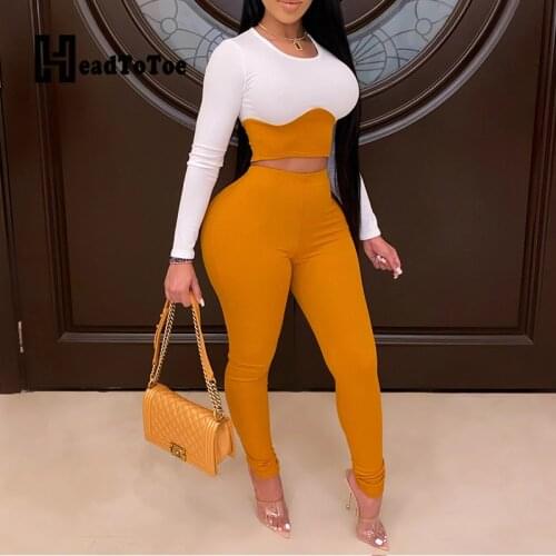 Solid Navel Casual Brief 2 Piece Set Women Full Sleeve Round Neck Slim Pencil Two Piece Outfits Woman