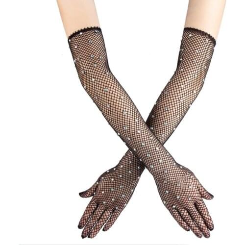 Women Sexy Thin Hollow Flash Drilling Grid Fishing Net Cosplay Halloween Ball Party Nightclub Within Temptation Retro Gloves