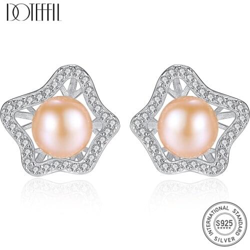 DOTEFFIL Earrings Natural Freshwater Pearl 925 Sterling Silver Zircon Flower Stud Earring Pearl Jewelry Women Wedding/Party Gift