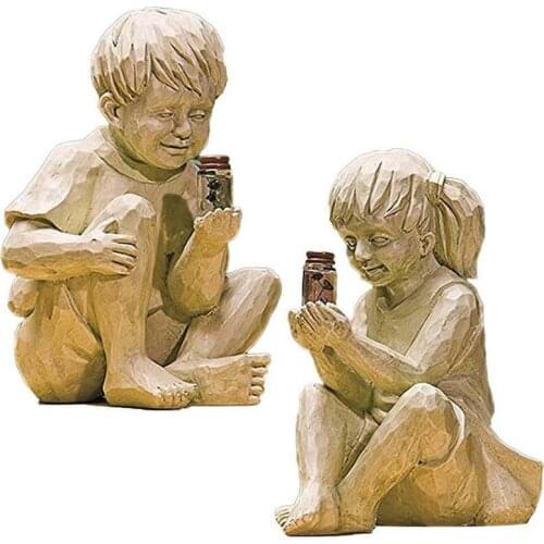 Resin Sculpture Boy Girl Solar Powered Resin Boy Girl Statue Sculpture LED Light Outdoor Garden Decor Lamp For Decorating