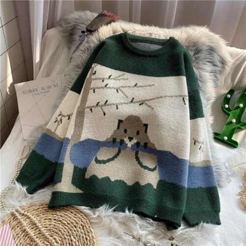 Urifens Autumn Clothes Japanese Cartoon Pattern Sweater Women Lazy Wind Loose Fall And Winter Outer Wear Pullover Knit Top P48