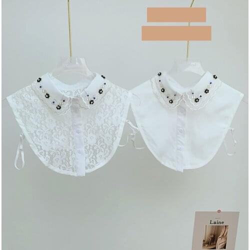 Vintage Floral Beads Fake Collar for Women Lace Shirt False Collar Decoration Detachable Collar Lapel Blouse Top Tie