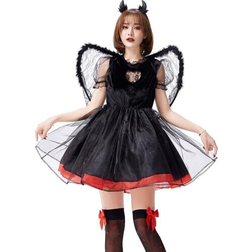 Halloween Fallen Black Angel Cosplay Costume with Wings Skirt Demon Cosplay Evil Devil Halloween Costumes for Women