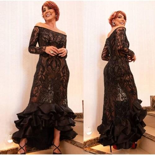 Elegant Illusion Black Mother of the Bride Dresses Lace Long Sleeves Beading Ruffles Ladies Formal Evening Gowns Custom Made