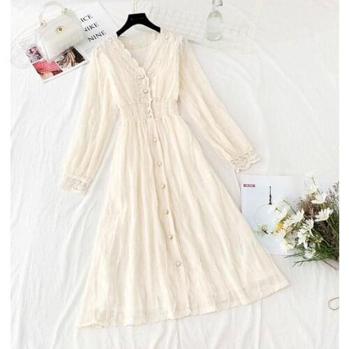 Women V-neck Lace Dress 2020 New Autumn Elegant A-Line Slim Single-Breasted Vestidos Elastic waist Mesh Mid-calf Dress