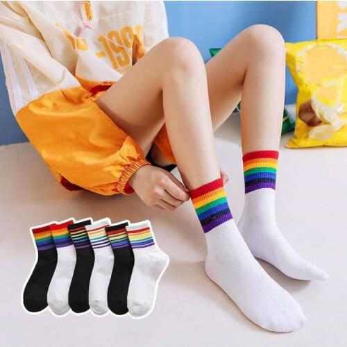 Winter Womens Socks Cotton Rainbow Stripes Socks Christmas Fashion Warm Casual Tide Socks harajuku korean 1 Pair Christmas Gift