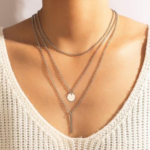 HuangTang Bohemian Wafer Pendant Necklace for Women Multi-layer Silver Color Alloy Clavicle Chain Charming Jewelry Party 18797