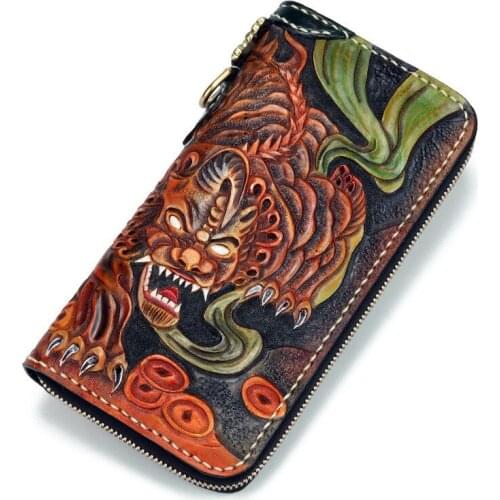 Genuine Leather Wallets Carving Lucky Brave Troops Zipper Bag Purses Men Long Clutch Vegetable Tanned Leather Wallet Gift