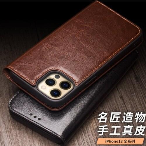 For iPhone X XR XS Max 11 12 13 Pro Max Mini Real Genuine Leather Pouch Bag Case For iPhone13 Natural Cowhide Flip Cover Qialino