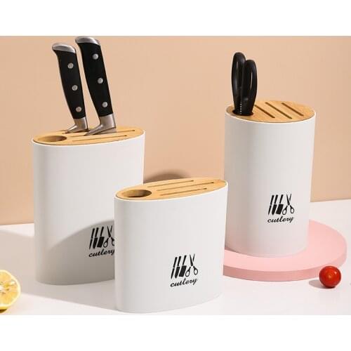 Utensil Block Holder Scissors Rack Bamboo Wooden Chapstick Holder Organizer for Kitchen White