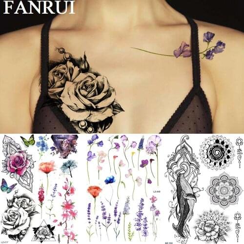 FANRUI Sexy Rose Flower Sweet Peas Butterfly Adult Temporary Tattoos Sticker Fake Tattoo Geometric Art Custom Tatoos For Women