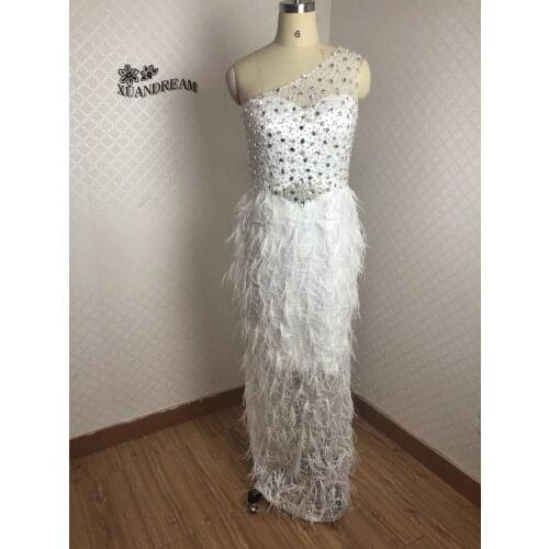 Formal women dinner party gown robe enfant fille mariage one shoulder feather bling bling white evening dresses 2019 XD-133