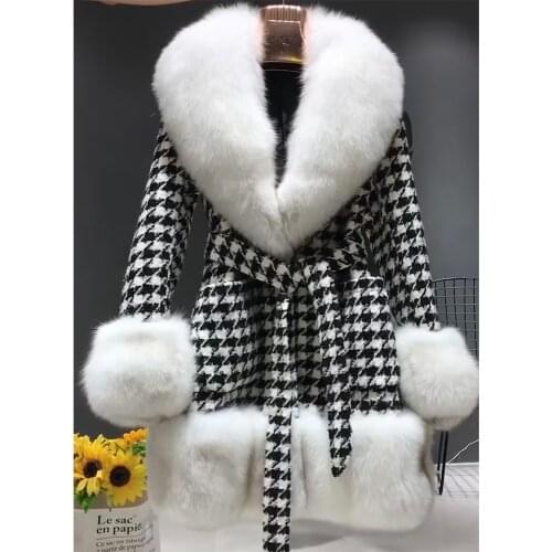FURSARCAR Houndstooth Woolen Coat With Natural Real Fox Fur Collar Cuff Waist Belt Fashion New Women Winter Warm Outerwear