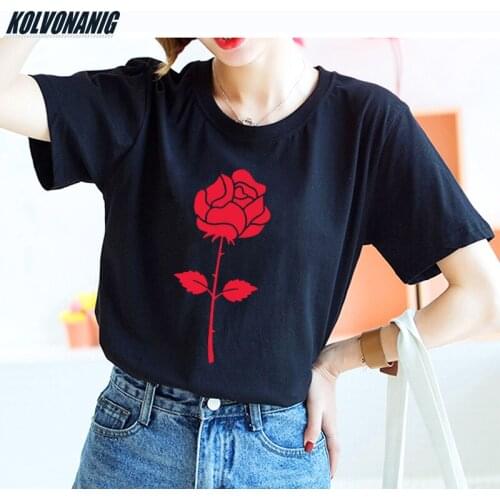 KOLVONANIG Rose Graphic Print T Shirt Summer Fashion Women Clothes Loose Cotton O-neck Short Sleeve Tops Tees Plus Size