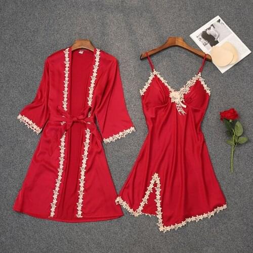 2PCS Women Rayon Robe Sets Sexy Lace Floral Kimono&Nightgown Summer Sleep Suit Bride Dressing Bathrobe Gown Lounge Sleepwear