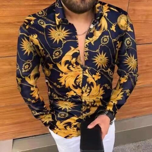 2021 Autumn Mens Slim Tops Casual Streetwear Fashion Printing Print Long Sleeve Shirts For Men Button Turn-down Collar Shirt