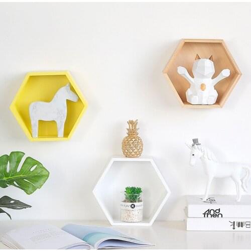 New Nordic INS Solid Wood Wall Rack Hexagonal Frame Books Toys Storage Shelf Rack Holder Room decoration geometric shelf