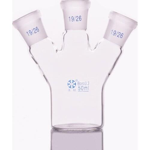 Single-deck cylindrical three-necked flat-bottom flask 50ml,Middle 19/26,Side 19/26,Single-deck cylindrical reactor bottle