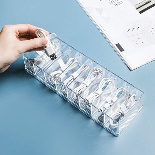 Transparent Separated Data Cable Storage Box Desk Organizer High Quality Home Office Desktop Mobile Phone Sundries Charger Fixed