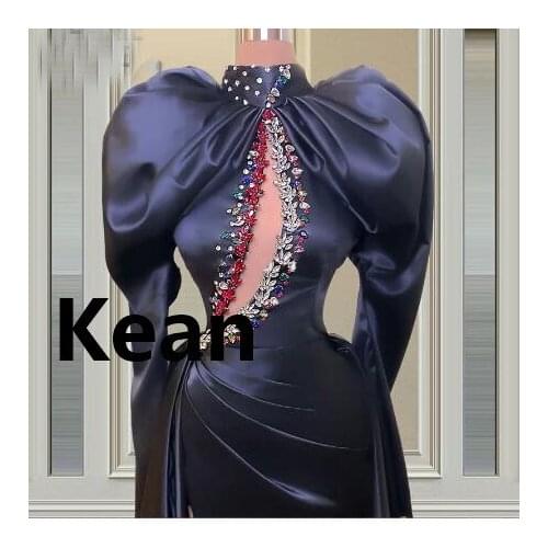 Real Picture Navy Blue Deep V Mermaid Evening Dresses Beaded Satin Sexy Dubai Arabic Saudi Arabian Prom Dress Custom Made Plus