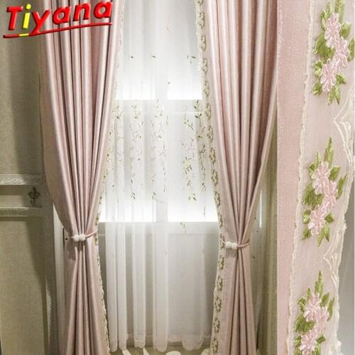 Luxury Lace Flowers Side Embroidery Tulle Curtains for Living Room Pink Princess Blackout Curtain Cloth for Bedroom Customiza#VT