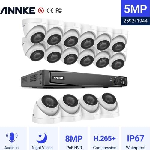 ANNKE 16CH FHD 5MP POE Video Security System H.265+ 8MP NVR With 16X 5MP Weatherproof Surveillance POE Cameras With Audio Record