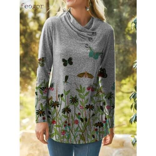 FEOGOR 2021 new product T-shirt 2021 autumn and winter new womens pile collar button printing long-sleeved T-shirt top women