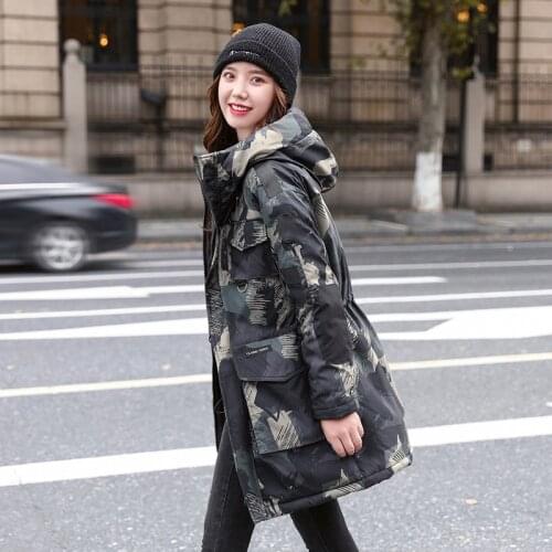 Camouflage Pattern Womens Winter Jacket Hooded Slim Long Parkas Female Stand Collar Plus Size Cotton Padded Thick Casual Coats
